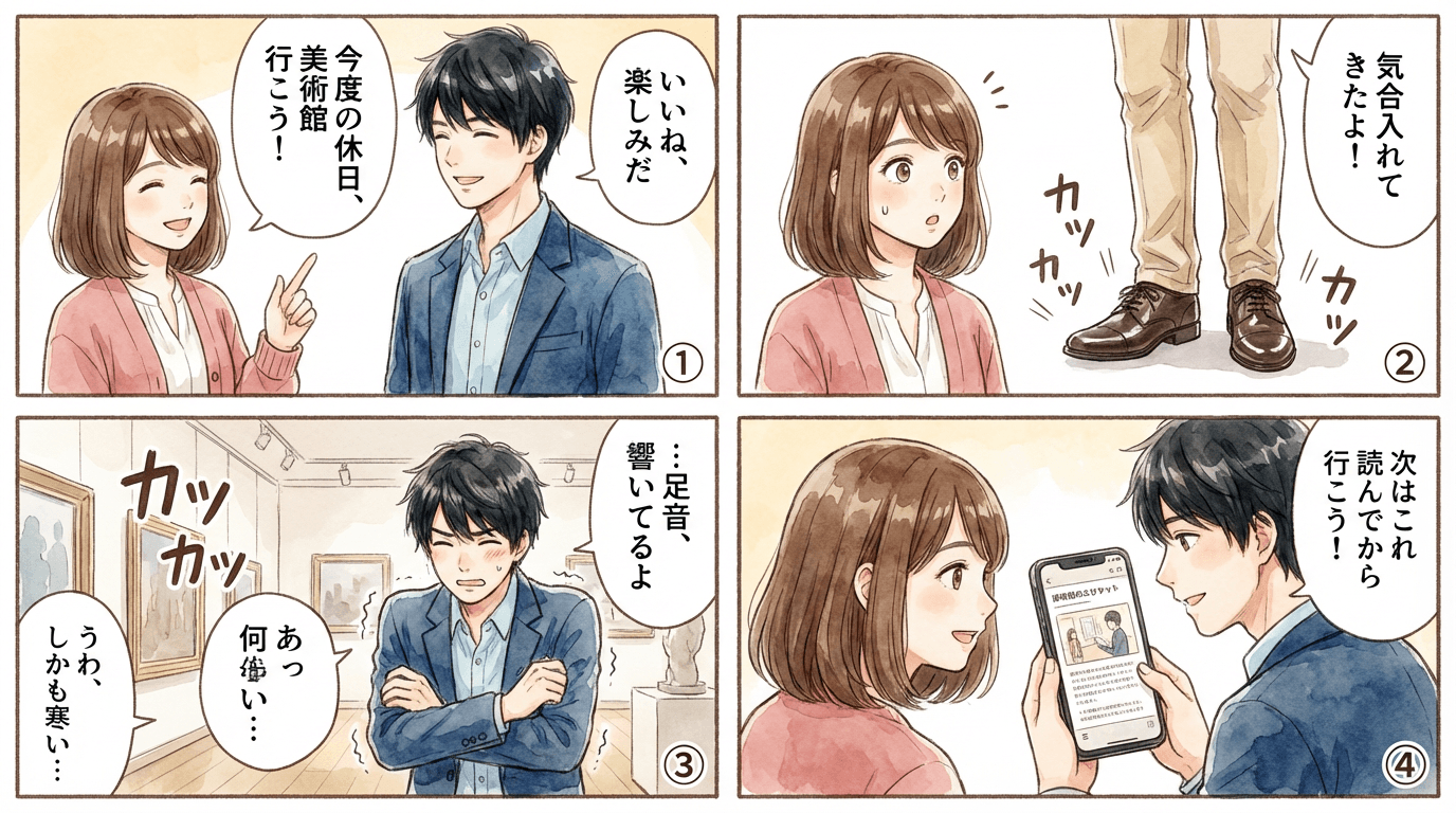 美術館に行く時の服装｜季節別・シーン別おすすめコーデとNG例【男女別完全ガイド】の導入4コマ漫画