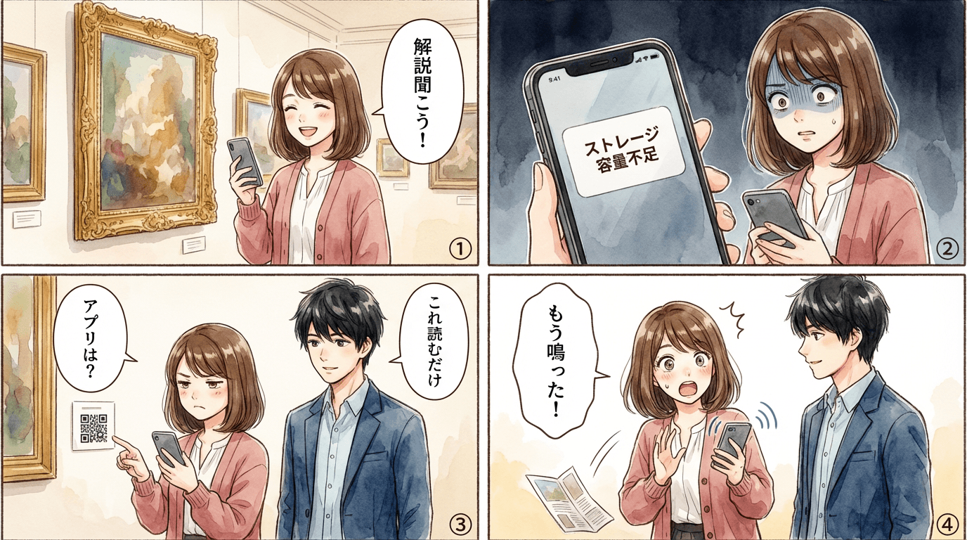音声ガイドアプリ不要の新常識｜QRコード×ブラウザで実現する次世代ミュージアム体験の導入4コマ漫画