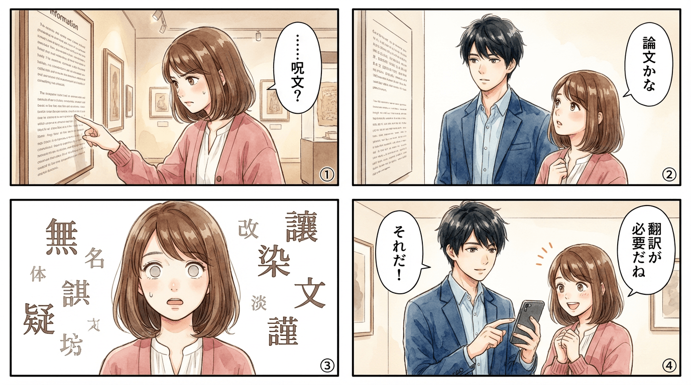 【学芸員監修】わかりやすい展示解説の書き方｜専門用語を「伝わる言葉」に変える5つの技術の導入4コマ漫画