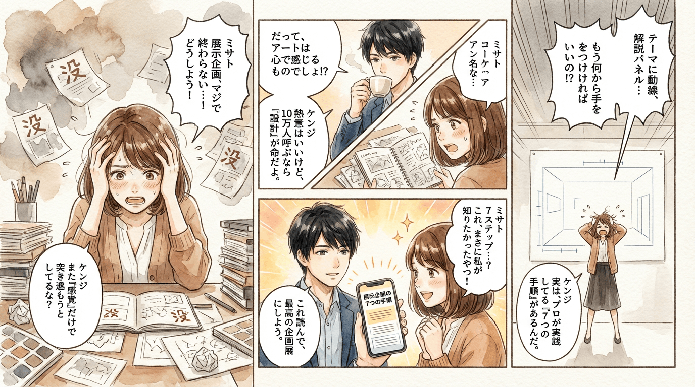 【保存版】展示企画の作り方7ステップ｜学芸員が教える成功する企画展設計術の導入4コマ漫画