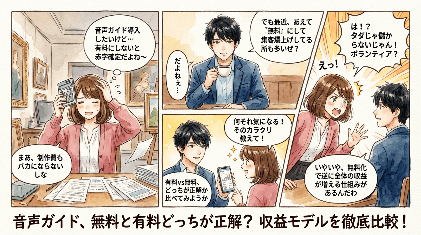 音声ガイドを無料提供にすべきか？有料 vs 無料の集客効果と収益モデル比較の導入4コマ漫画