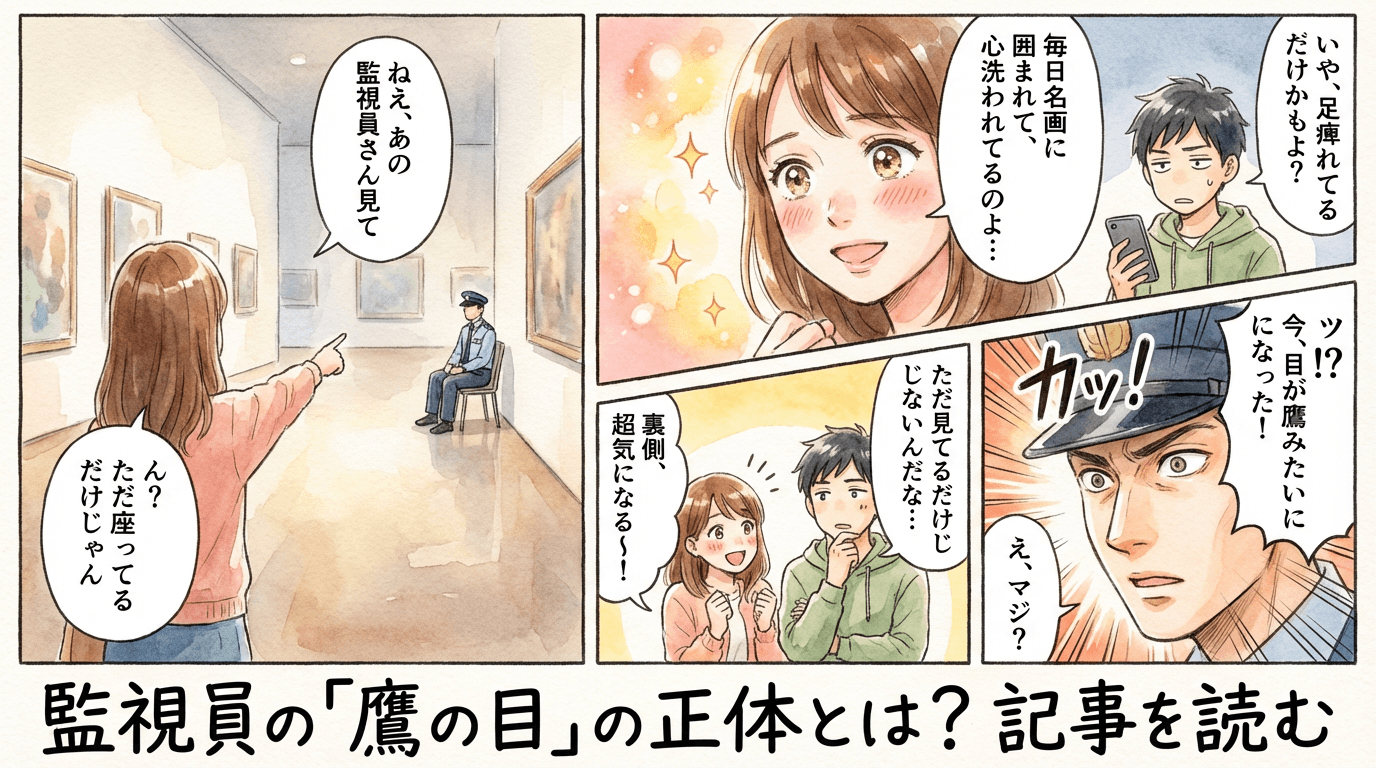 美術館の監視員は何を見ている？知られざる仕事の裏側に密着の導入4コマ漫画