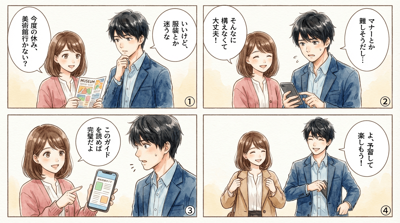 【初心者向け】美術館デートの楽しみ方完全ガイド|服装・マナー・おすすめスポット20選の導入4コマ漫画