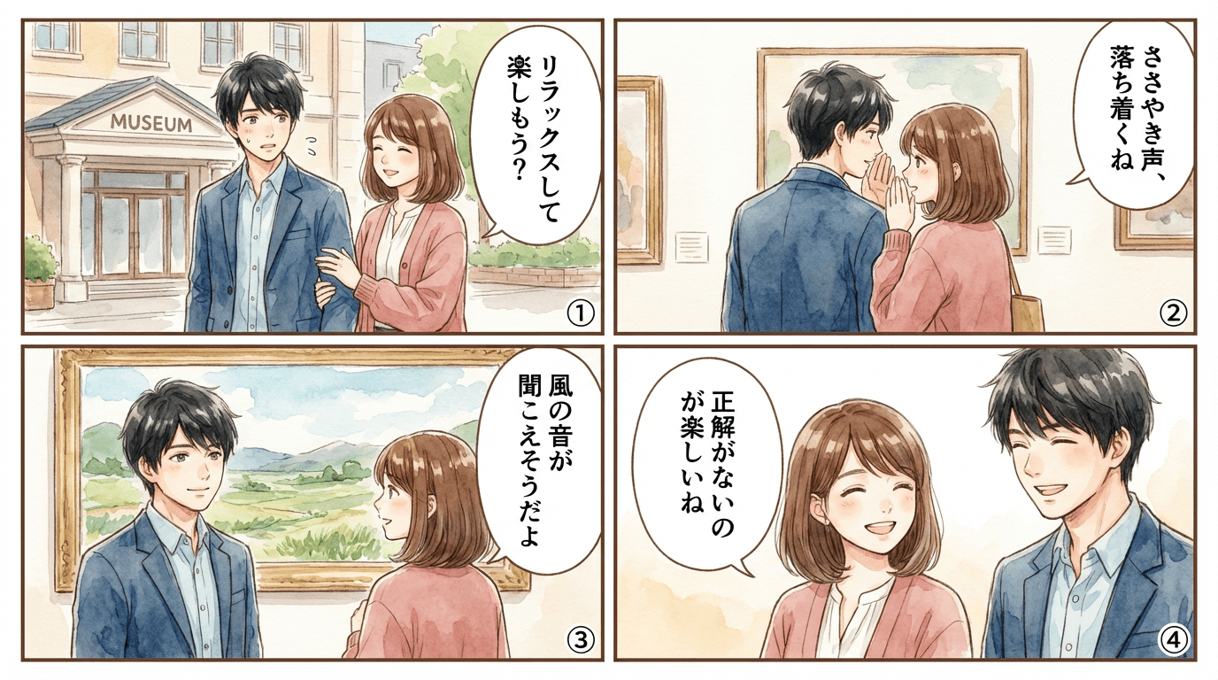 館内マナーと会話が弾む鑑賞テクニックを解説する漫画