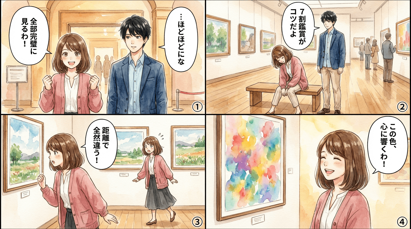 館内での鑑賞テクニックを解説する漫画